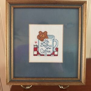 Vintage Framed Cross-Stitch 'Life Begins After Coffee' with Bear 89s